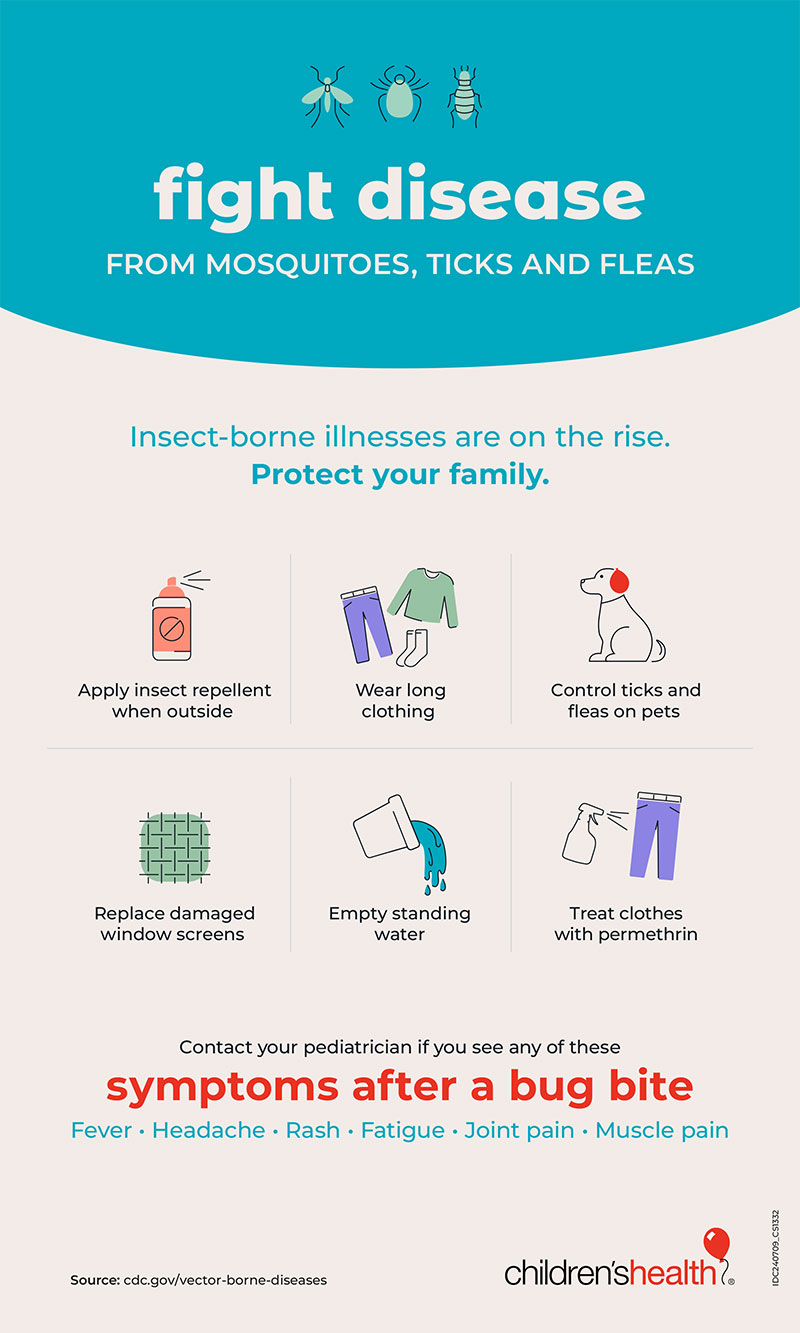 How to protect your family from mosquitos, ticks, and fleas with a list of symptoms to watch for.